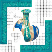 Fantasia del Foulard Privernum Dis.PV05 con motivo raffigurante l'ampolla vitrea policroma dal Museo Archeologico di Priverno e le geometrie dei mosaici dei pavimenti dell’atrio della Domus dell’émblema figurato del I sec.d.C.