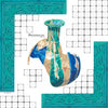 Fantasia del Foulard Privernum Dis.PV05 con motivo raffigurante l'ampolla vitrea policroma dal Museo Archeologico di Priverno e le geometrie dei mosaici dei pavimenti dell’atrio della Domus dell’émblema figurato del I sec.d.C.
